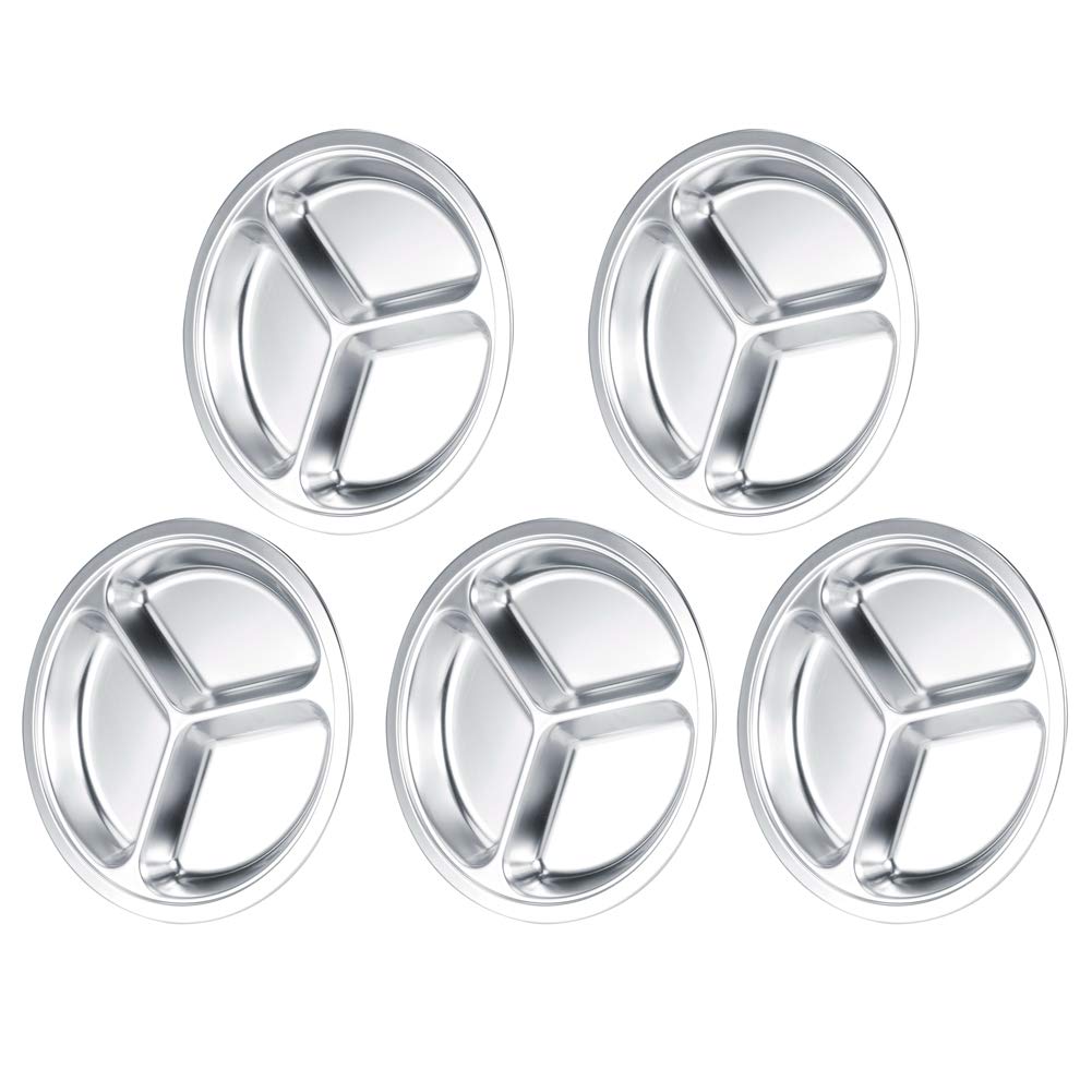 5 assiettes à dîner rondes en acier inoxydable 304 épais, plateau de service pour enfants avec compartiments profonds, vaisselle de qualité alimentaire pour la maison, la maternell (3 cavités)