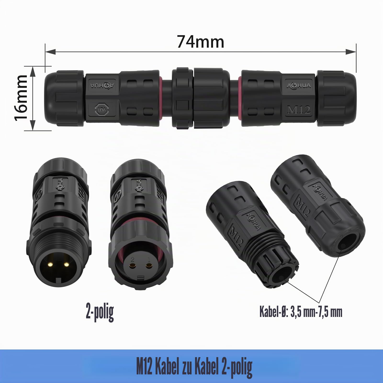 AOHUA IP68 Wasserdichter Steckverbinder 6er-Set, M12 2-poliger Lötanschluss Industrie-Stecker, 300V/5A, passend für Kabel Ø3,5–7,5 mm, Male/Female Stecker-Buchse für Außenbeleuchtung, CE, RoHS