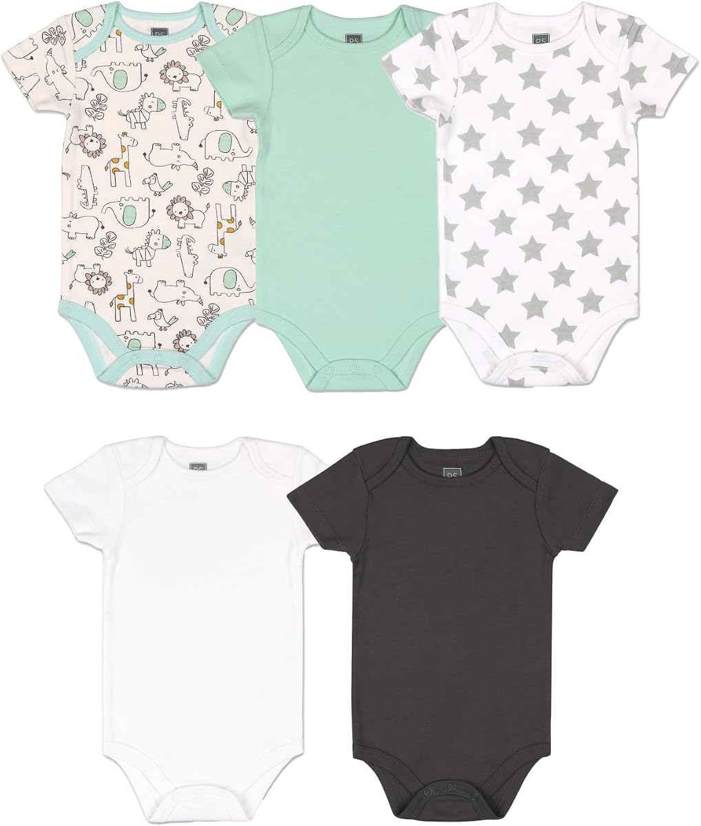 Paquete de 5 Body de Manga Corta para Bebé Unisex - Ropa de Recién Nacido 100% Algodón - Safari Neutro/Gris