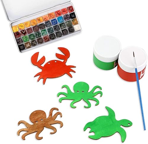 Miniatura 6 de Paquete de 48 recortes de madera sin terminar con formas de animales marinos del océano, pulpo, tiburón, ballena, delfín, tortuga, cangrejo,