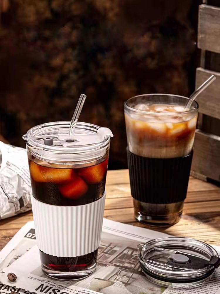 2 bicchieri in vetro da 450 ml, con coperchio e cannuccia, con coperchio e cannuccia, per adulti, caffè, frullati, tè alla frutta, caffè ghiacciato, bicchieri da whisky