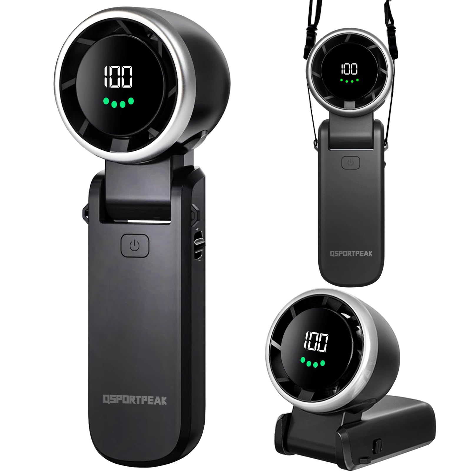 Portable Handheld Turbo Fan, 5 Gear Wind, 4000mAh Rechargeable, Up to 12 Working Hours, 3 IN 1 Hand /Desk/Neck Fan with Air Turbo Tech Cooling Fan for Outdoor Activities, Travel, Working-Black