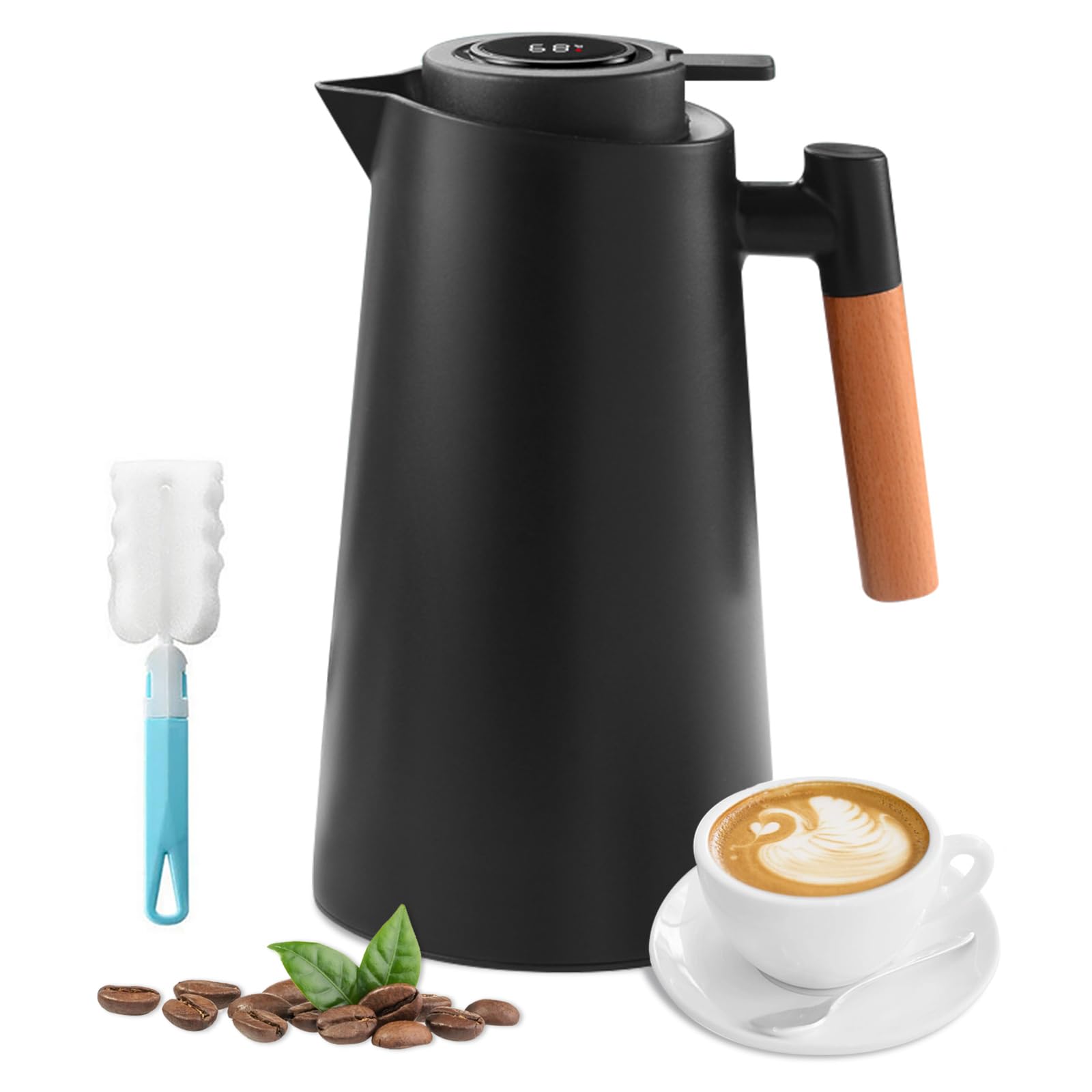 URbazaar Thermal Coffee Carafe, 1L Double Walled Vacuum Thermos Coffee Pots With LED Temperature Display, Glass Liner, Plastic Shell, Thermal insulation 24 Hours, for Hot or cold Coffee,Tea and Water