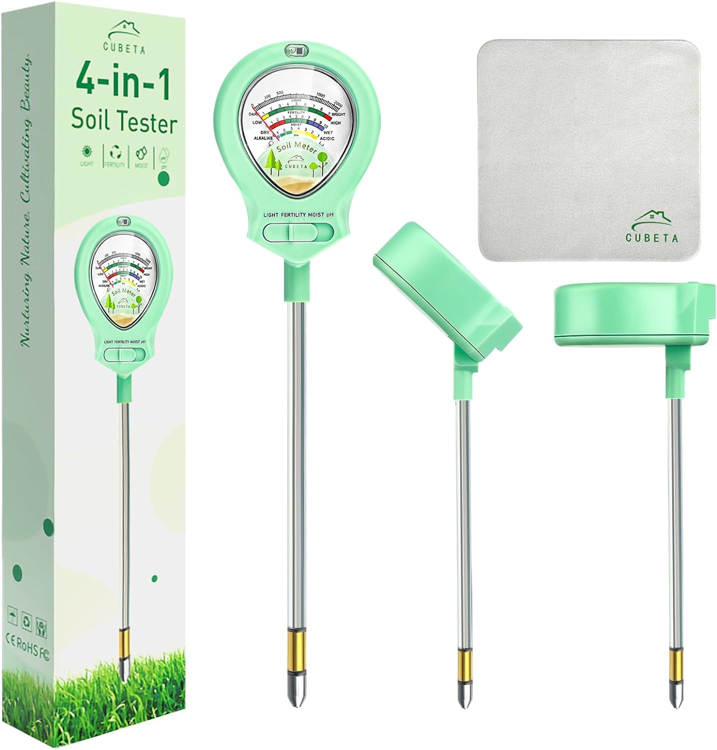 CUBETA Soil Moisture Meter for Plants 2025 Upgrated 4-in-1 Soil pH Tester for Light/pH/Moisture/Fertility