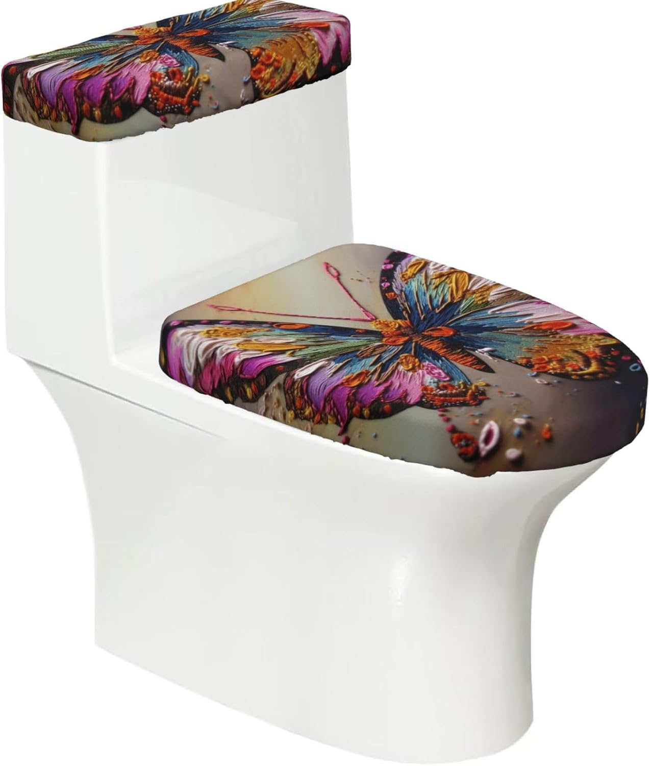 2 Pcs Toilet Lid Cover and Toilet Tank Lid Cover, Washable Toilet Cover with Elastic Bottom Replacement Soft Stretch Toilet Seat Cover Set Embroidery Colorful Butterfly Bathroom Decor
