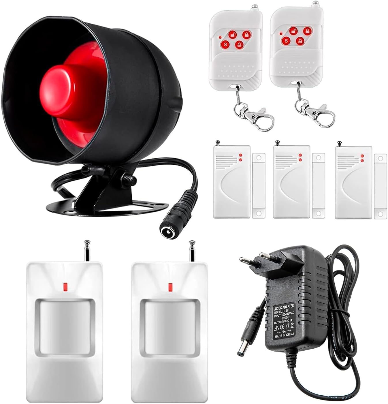 Alarmsystem Sicherheit 9 Teiliges Set mit 115 dB Sirene, Bewegungssensor, Türfenstersensor und Fernbedienung,für Lager,Geschäfte,Haus