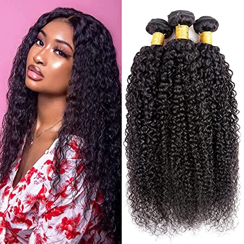 3 Bundles Kinky Curly Natural Black Brazilian Remy Hair Bundle Hair Weaves 100G/Bundle Human Hair 3 Bundle Grade 8A 100% Unprocessed Virgin Hair Bundle 16 16 16 Inch