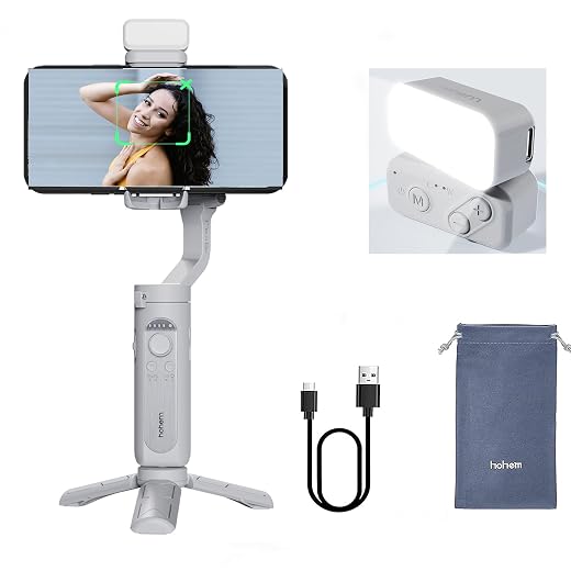 hohem iStaby XE combo isteady Xe Kit 3-osiowy stabilizator gimbal dla smartfonów ze światłami dla telefonów iPhone z systemem Android do nagrywania wideo w czasie rzeczywistym vlog Youtube, kombinacja Szary
