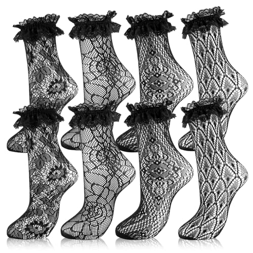 Image of 4 Pairs Women's Lace Trim Ruffle Frilly Ankle Socks - Black Mesh Lace Socks for Women