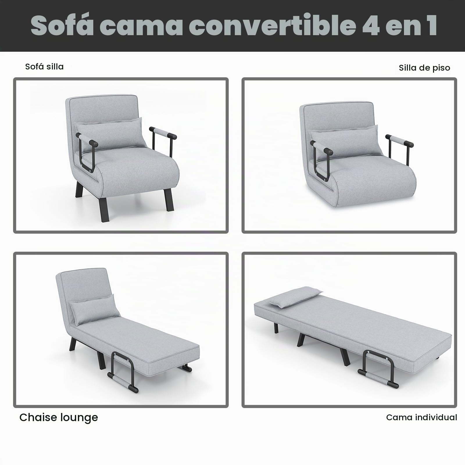 HOMASIS Sofá Cama 4 en 1 con función de Cama, sofá Cama Plegable con reposabrazos, sillón Plegable con Respaldo Ajustable y cojín extraíble, sillón Cama para casa, Oficina, hasta 150kg (Gris Claro)