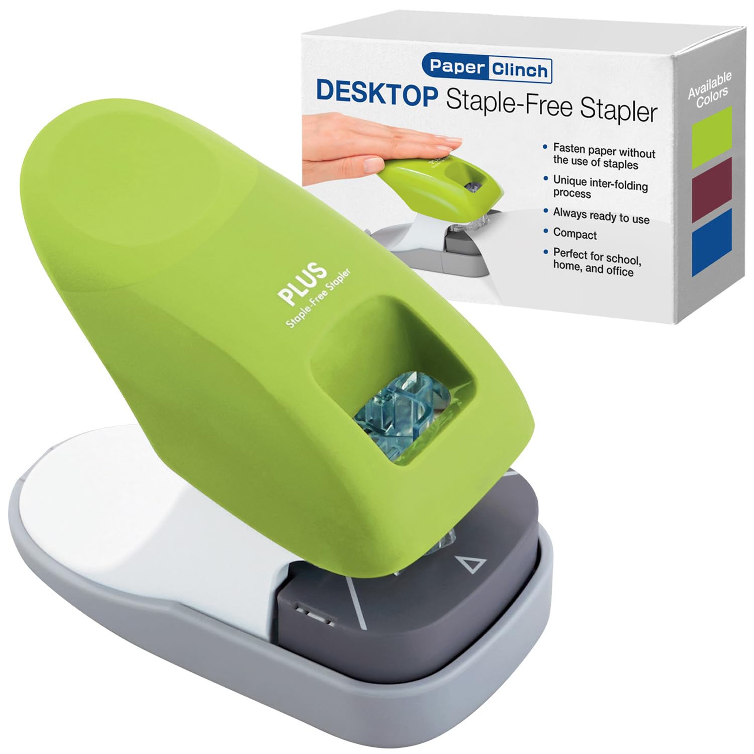 Plus Paper Clinch Desktop Staple-Free Stapler, Green
