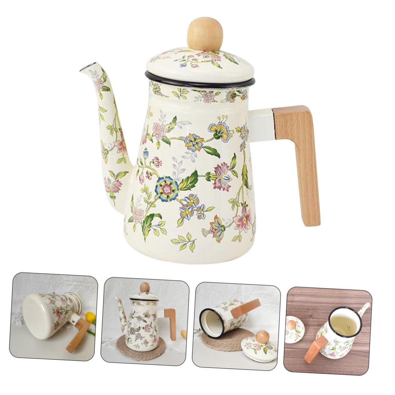 Mipcase Teiera Smaltata Vintage Manico in Legno 1,2L Bollitore per Tè e Caffè per Appassionati di Caffè e Tè