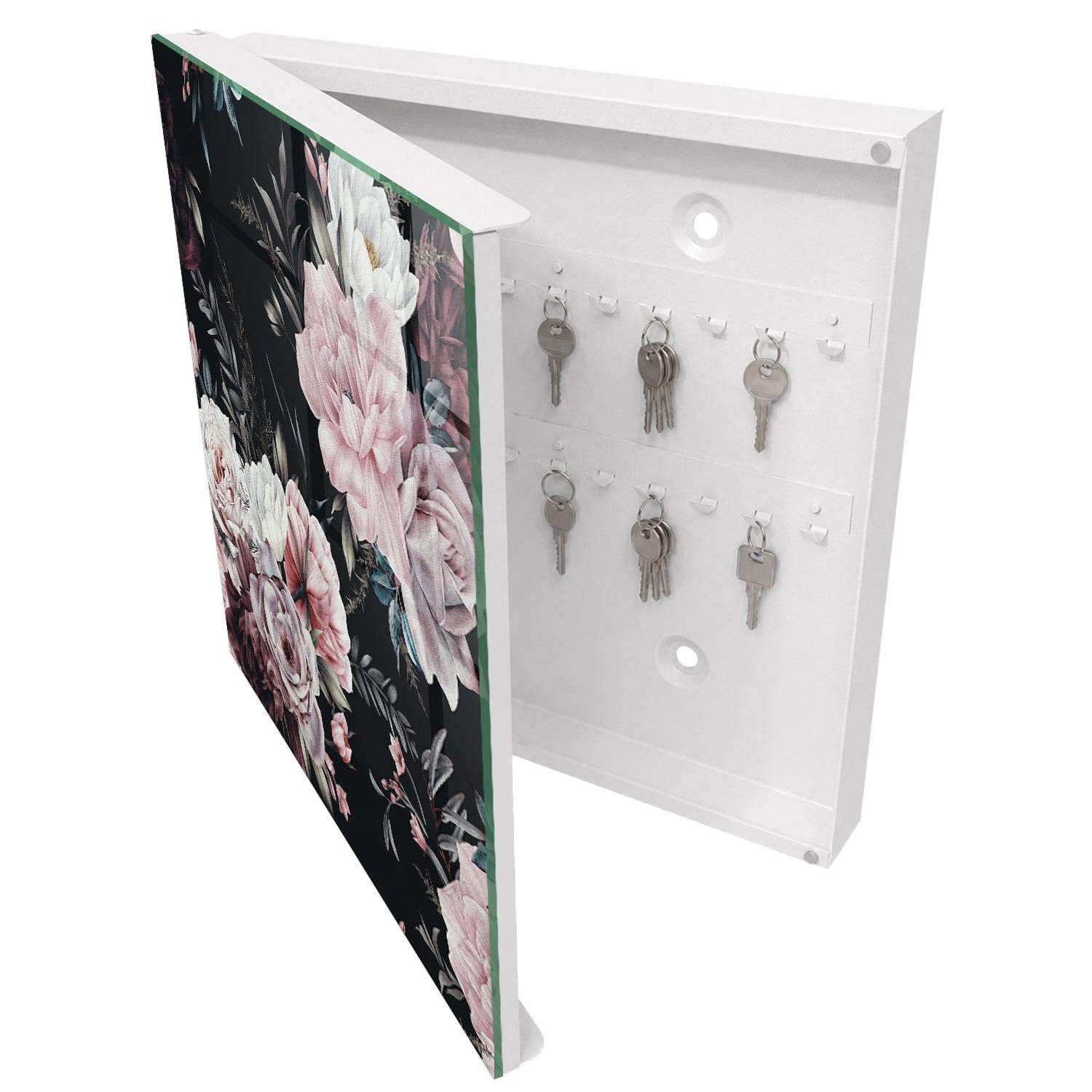 Armadietto Portachiavi 30x30 cm | Bianco | A Sinistra | Montaggio a Parete | Fascino floreale | Tasselli e Viti Inclusi | per Uffici | Frontale Decorativo in Vetro Temperato | in Metallo