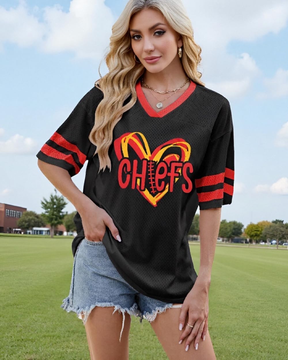 Oversized Football Game Day Shirt Women Sunday Funday Jersey Football Team Fans Mesh Tshirt V Neck Heart Graphic Tops - Image 7