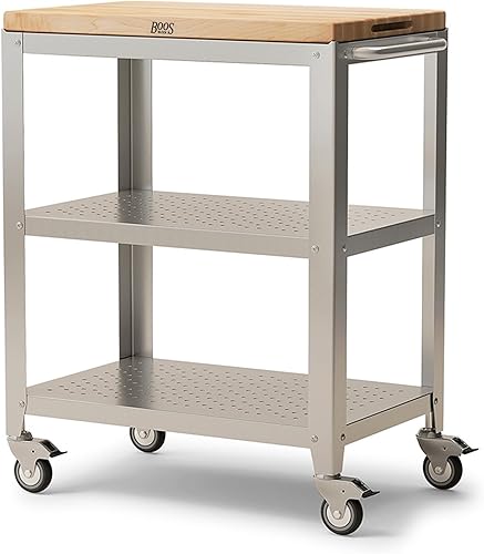 John Boos Block Culinarte Carrito de cocina de acero inoxidable con tablero de cortar extraíble de arce de 30 x 20 pulgadas estantes y ruedas de