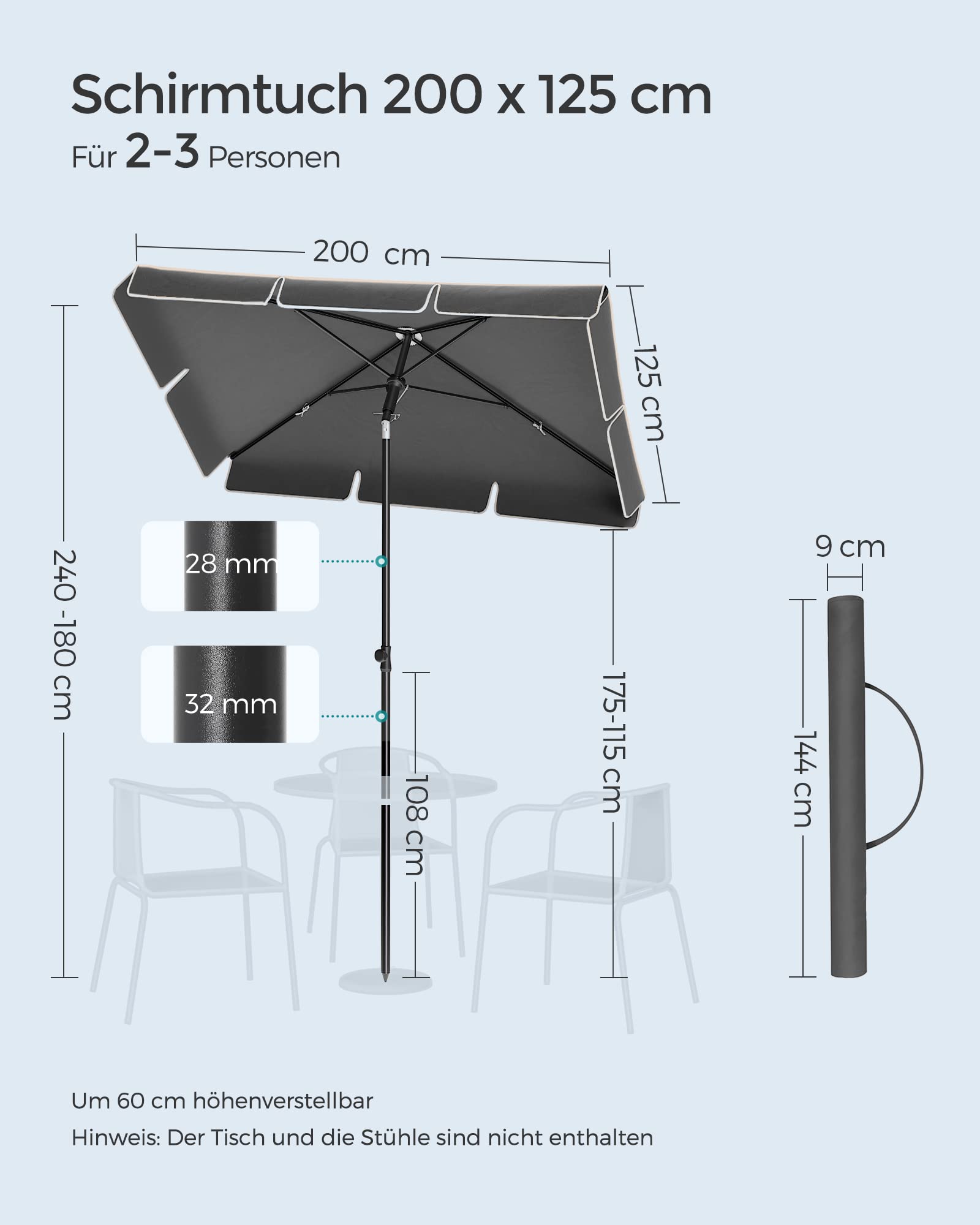SONGMICS Sonnenschirm 200 x 125 cm, Balkonschirm UPF 50+, Sonnenschutz, beidseitig um 30° knickbar, höhenverstellbar, mit Aufbewahrungstasche, für Garten, Terrasse, ohne Ständer, grau GPU25GY