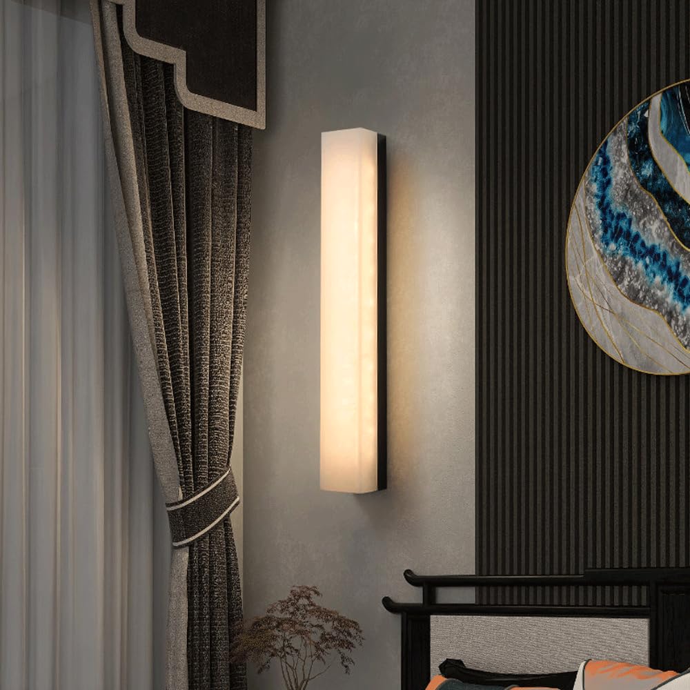HUAYUSEDF 23.62IN Modern Alabaster Wall Sconce Rectangle Natural Stone Bathroom Vanity Light Fixture 18W Marble Lights 3000K Mounted Lighting for Bedroom Living Room Foyer Stair(Black)