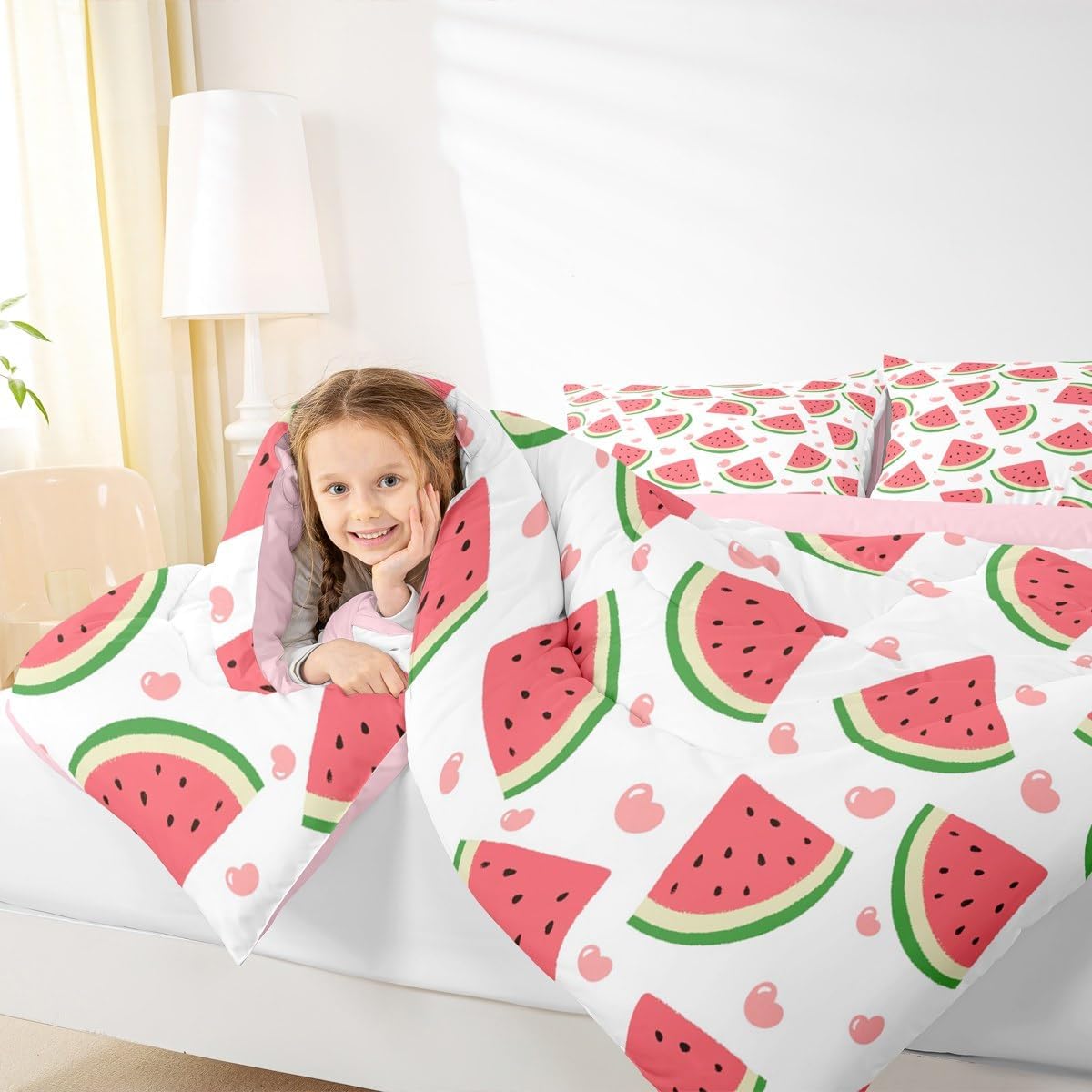 Homewish Cartoon Watermelon Comforter Set Queen Size Summer Theme Bedding Set 3pcs Cute Pink Heart Fruits Quilted Duvet for Kids Girls Women Teens Room Decor,Sweet Food Duvet Insert,2 Pillowcases