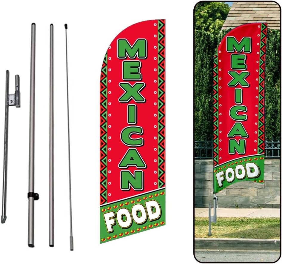 PUPUSAS 6ft Swooper Feather Flag for Mexican Restaurants Business Advertising outdoor windless Banner with Complete 8FT pole kit and Ground Spike