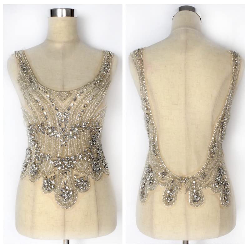 Labellezalady Silver Luxury Heavy Beads Rhinestones Embroidery Front and Back Bodice Applique Patch for Cloth by Set