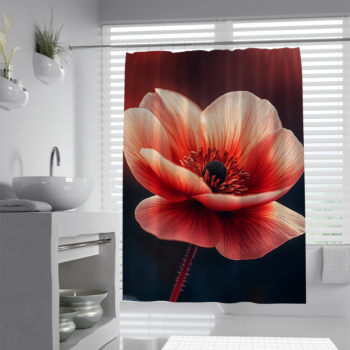 UIRINGART Vibrant Coral Anemone Shower Curtain W120xL200cm Soft Pink Red Petal Black Core Dark Background Pattern Water Repellent Bath Curtains Bath Decoration For Bath Tub