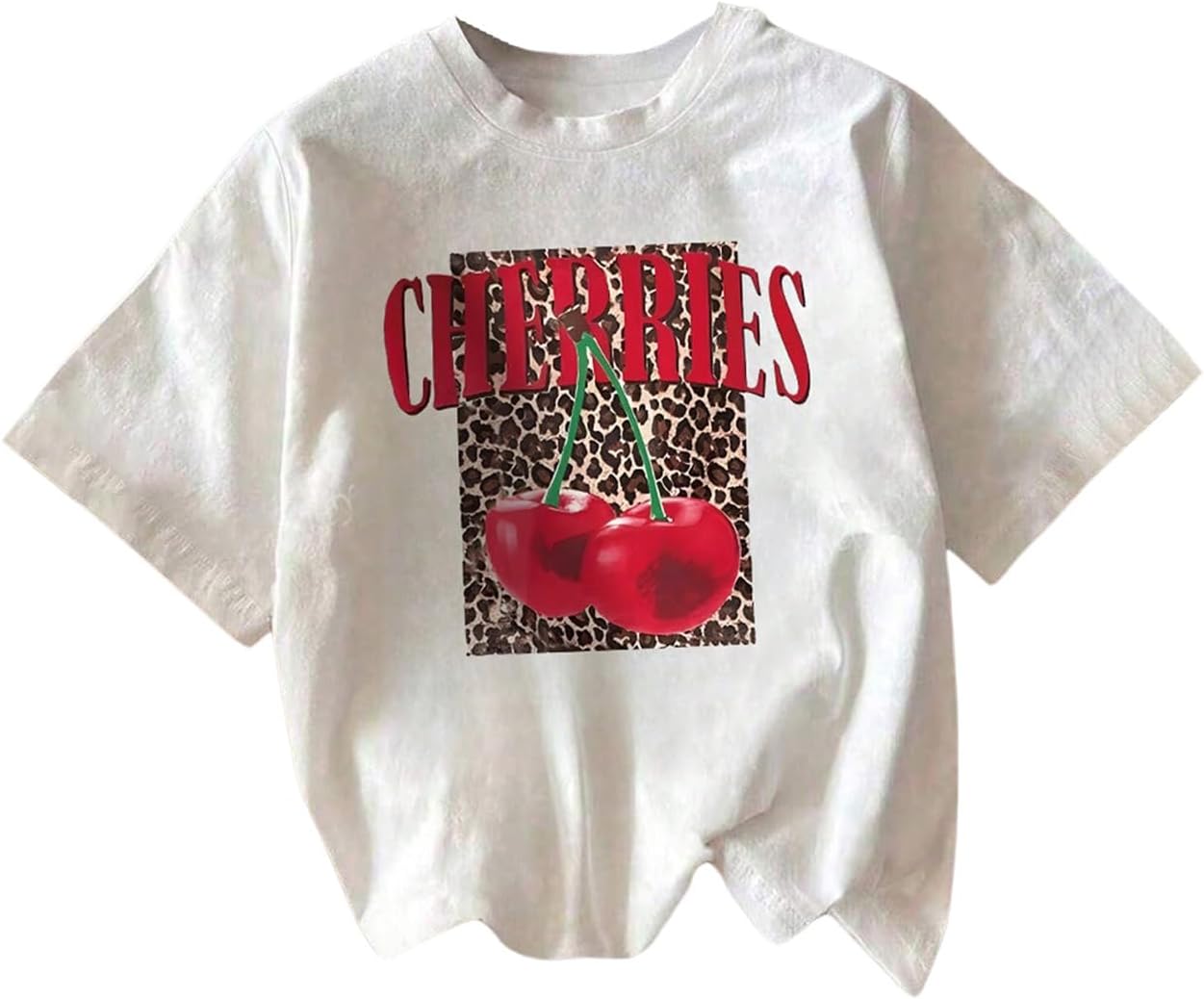 Girl's Cherry Leopard Shirt Short Sleeve Loose Cute Summer T Shirt Trendy Aesthetic Baggy Tops