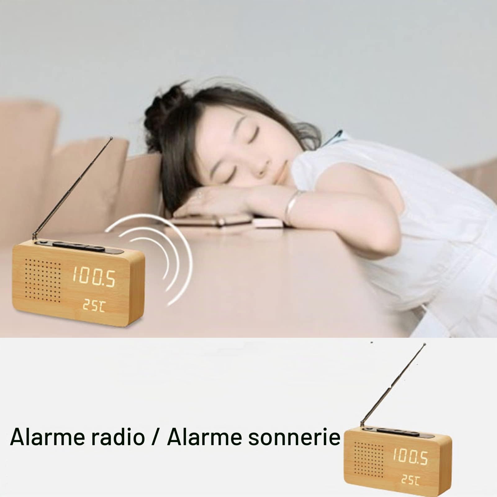 Radio-réveil, Radio de Chevet rétro multifonctionnelle Radio-réveil en Bois Haute définition Grand écran Radio-réveil à Affichage numérique
