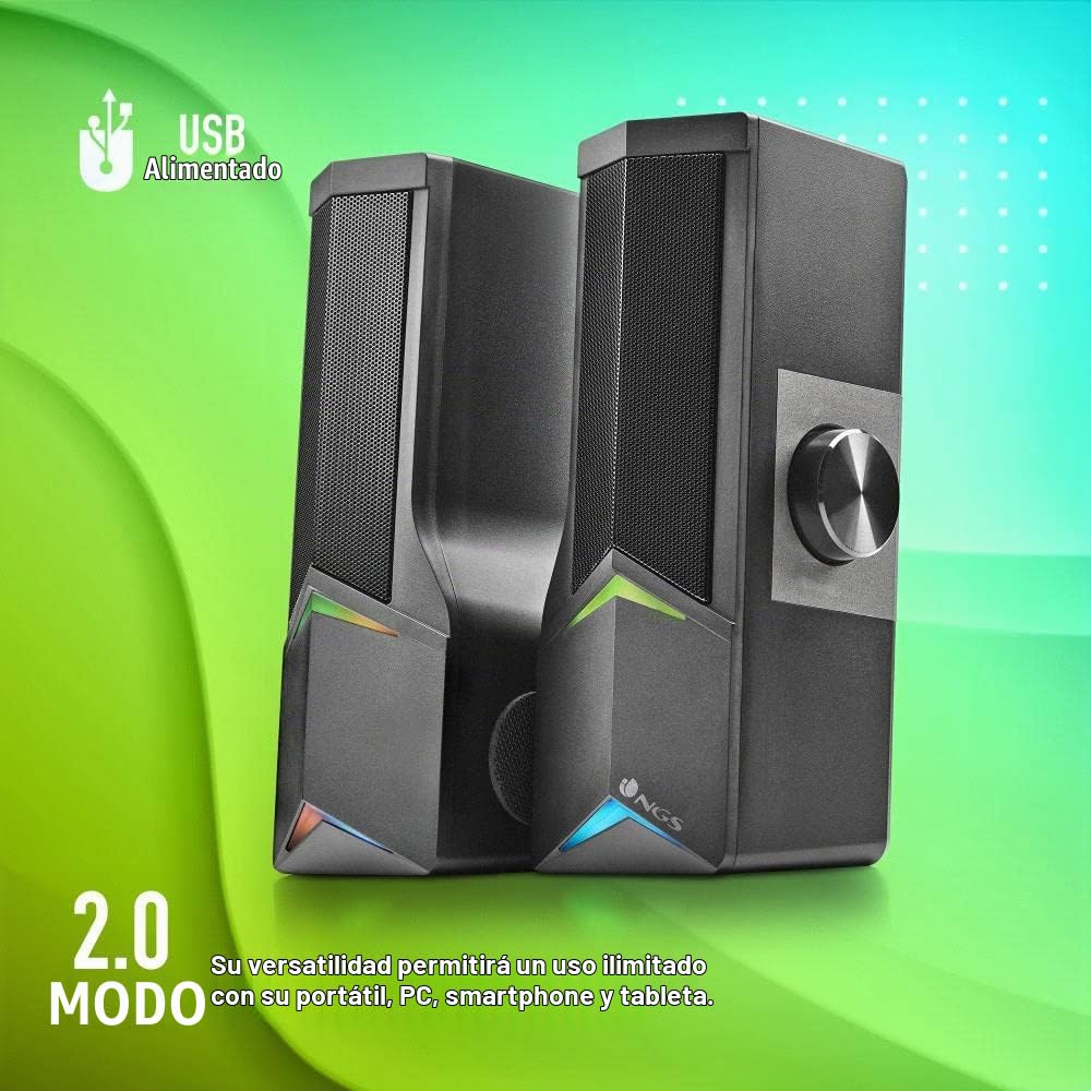 NGS GSX-B1200 - Barra de Sonido 2.0 Gaming, Diseño Desmontable 2 en 1, 12W de Potencia, Luces RGB, Compatible con Tecnología Bluetooth 5.0 + Entrada Jack