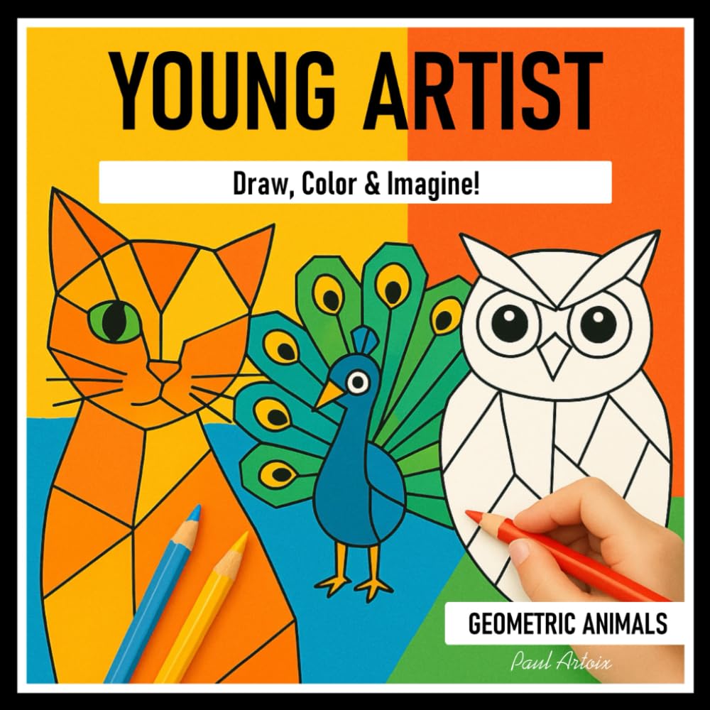Young Artist! A Drawing and Coloring Book for Creative Kids: Complete the Missing half of geometric animals