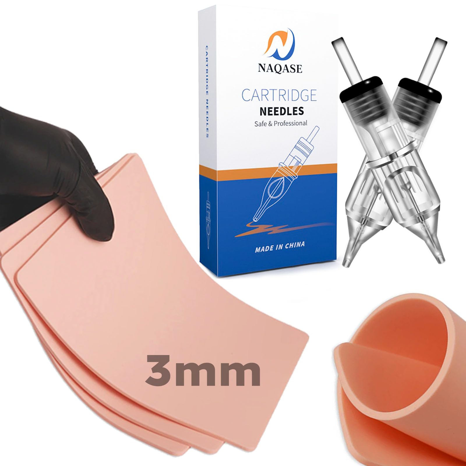 3mm Tattoo Skin Practice Kit - 6"x8", 3pcs & 20pcs 1003RL Cartridge Needles - For Tattoo Artists & Beginners - Adults