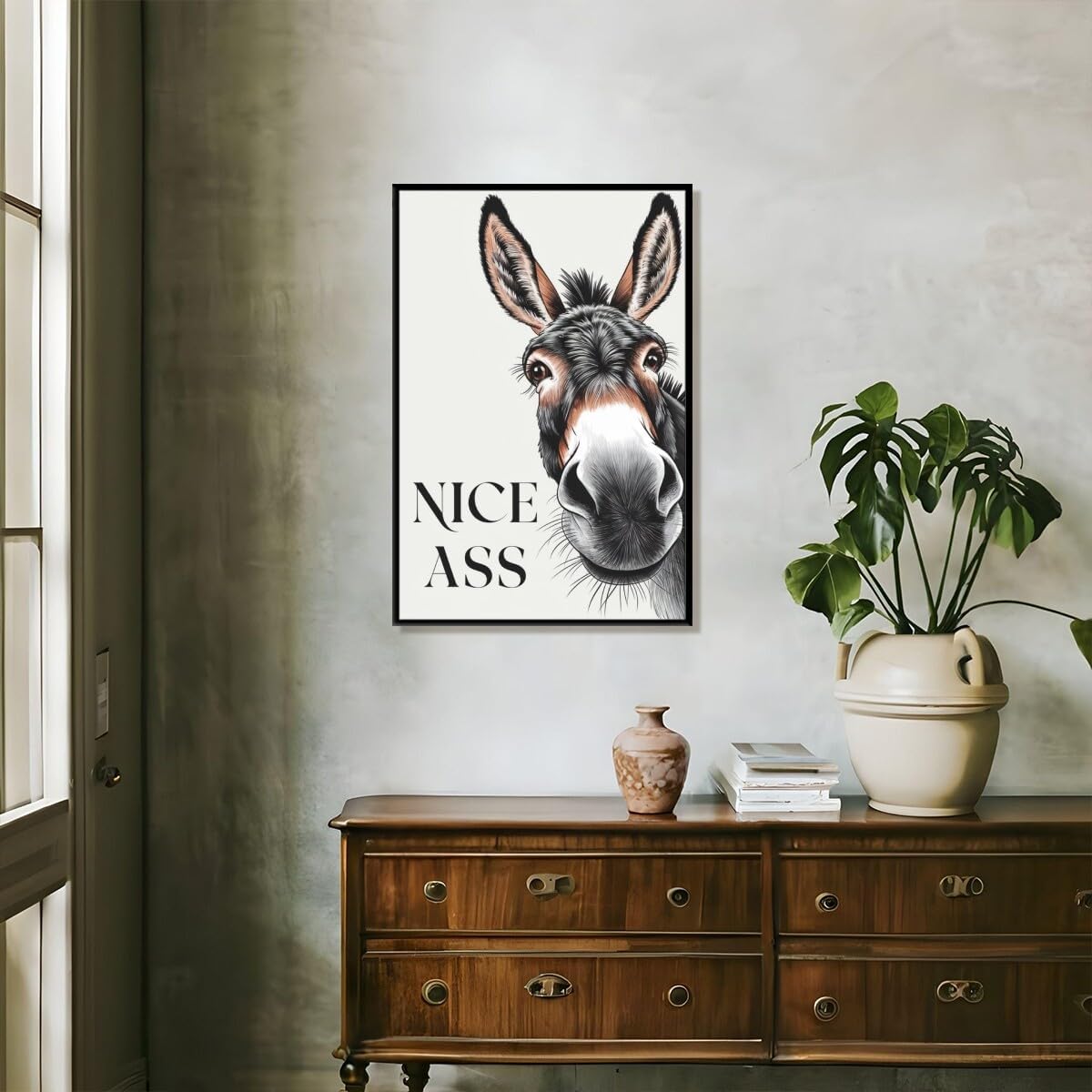 Funny Bathroom Wall Decor Animal NICE ASS Bathroom Sign Canvas Print Donkey Humor Painting Minimalism Cute Wall Art Gift for Toilet Bathroom 24x36inch black framed