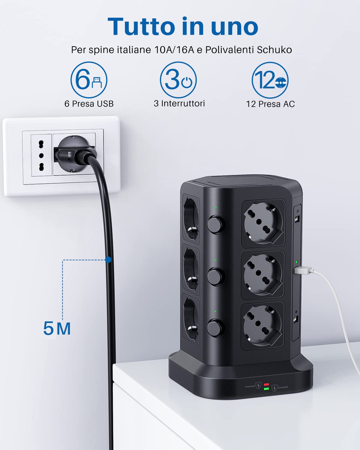KOOSLA Multipresa ITA/Schuko 12 Prese 6 USB, 5M, Nero | 12 Prese Universali, 6 USB-A, 4000W/16A, Protezione Sovratensione, 5M Cavo