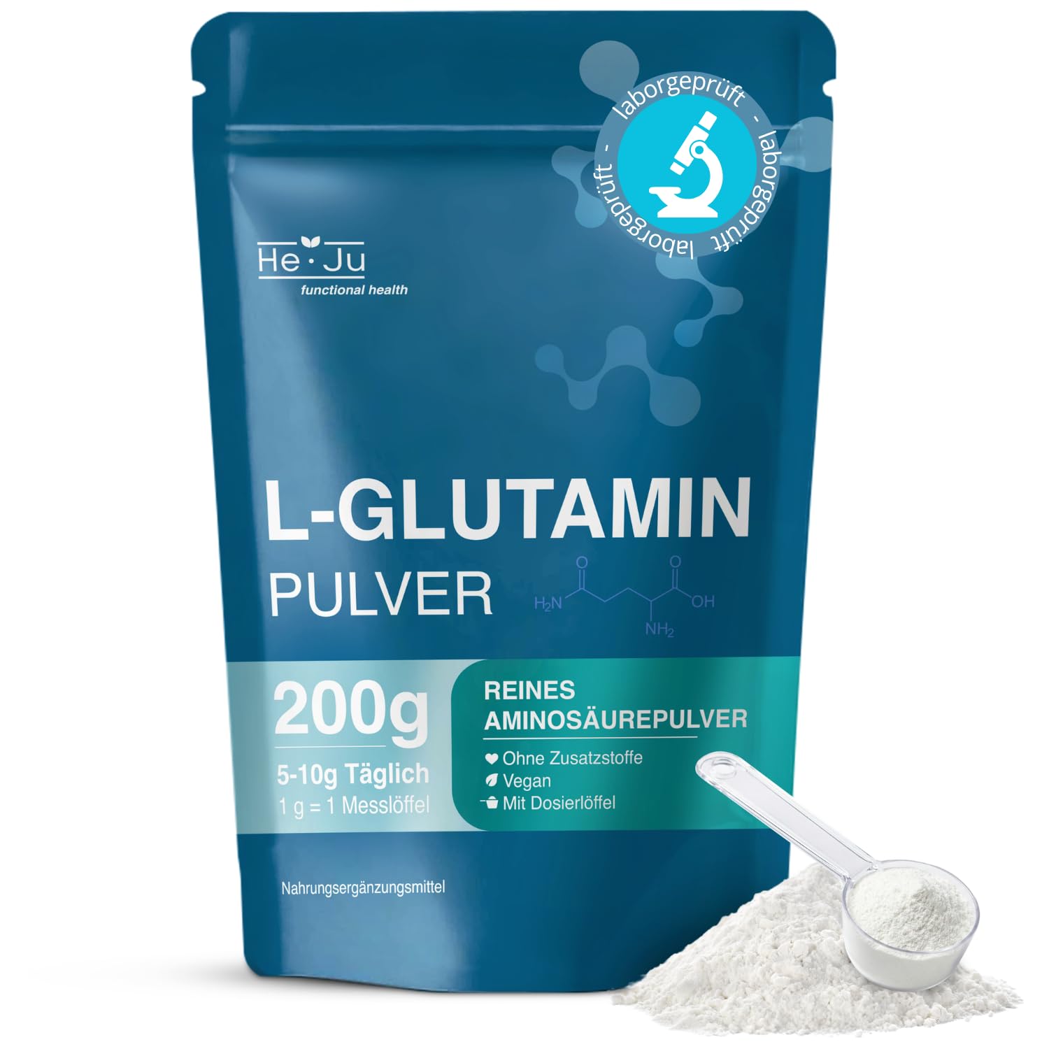 He-Ju L-Glutamin Pulver 200g, fermentativ, 99,9% rein nach FCC VIII, ohne Zusätze, vegan, geschmacksneutral, laborgeprüft, inkl. Dosierlöffel