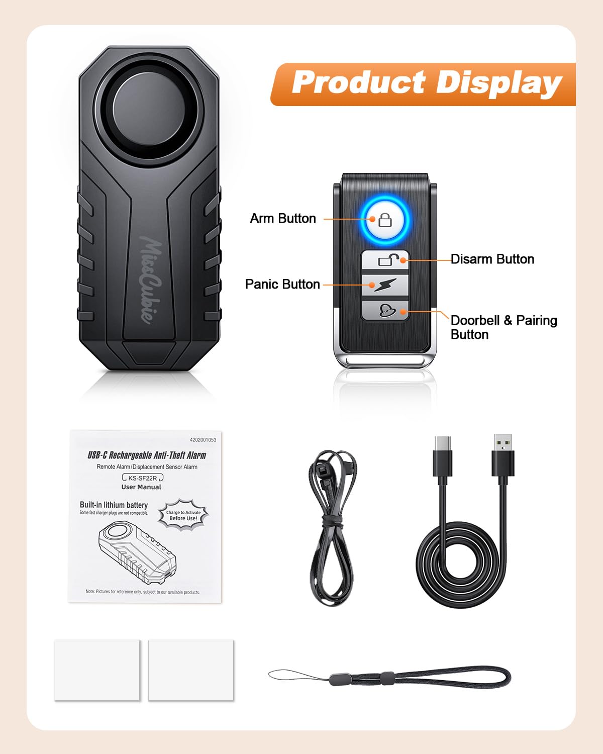 Alarma de manija de puerta, SF22R&WL03C, viene con una cuerda para colgar, neutro