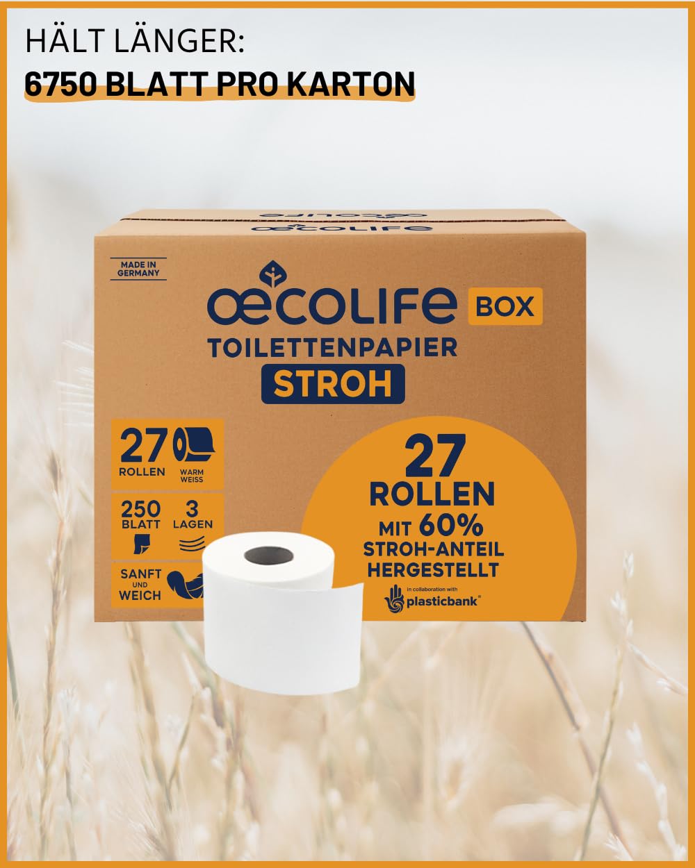 oecolife Toilettenpapier Box STROH, 3-lagig, 27 Rollen á 250 Blatt, Großpackung, superweich, plastikfrei verpackt, vegan, nachhaltiges Klopapier