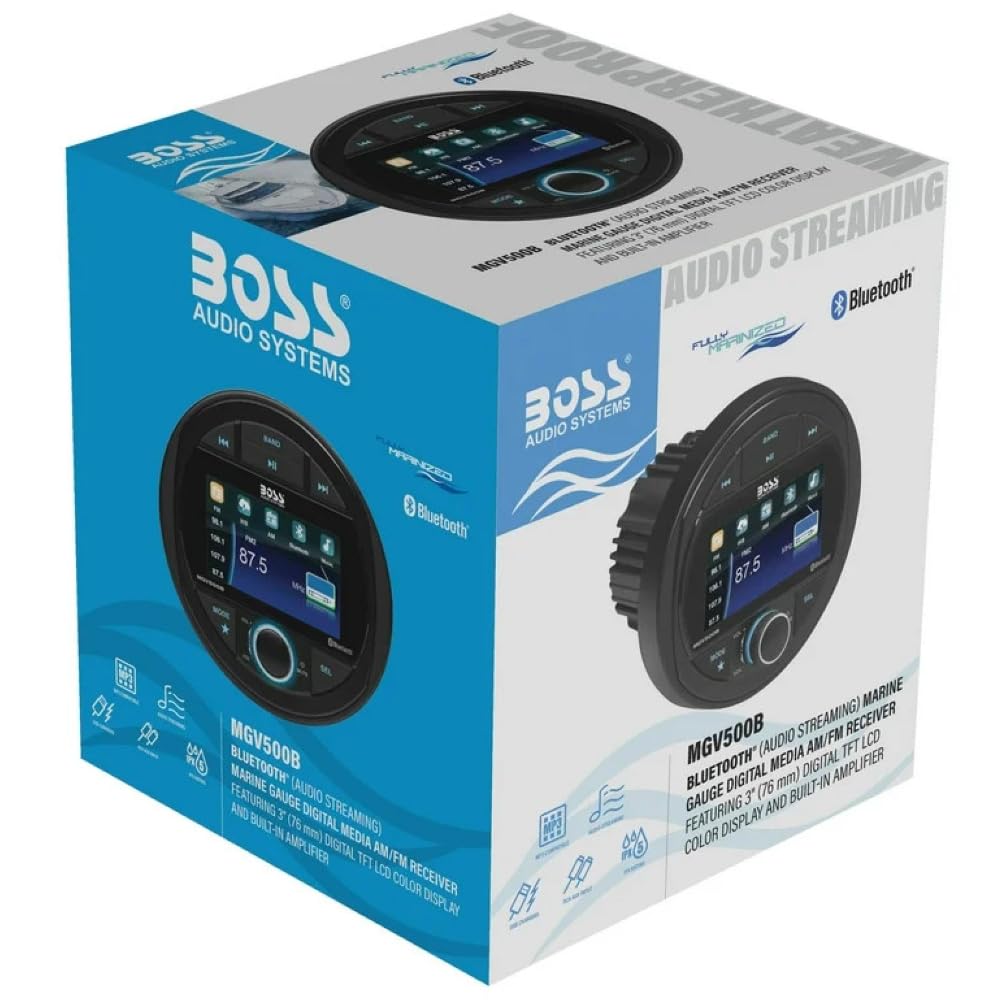 KIT SET PER BOSS AUDIO SYSTEMS MGV500B, 1 stereo marino ricevitore AM/FM, gauge digital media receiver, bluetooth integrato, waterproof, 1 pezzo + accessori