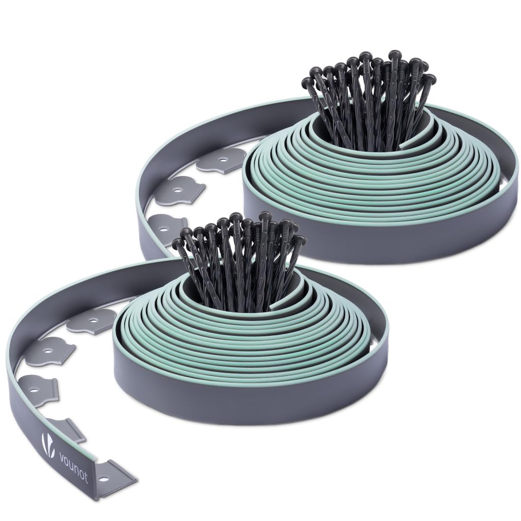 VOUNOT® Bordo Giardino Flessibile, Bordi Aiuole Plastica, con 60 Chiodi di Fissaggio, Lunghezza 20m, Altezza 5cm, Grigio e Verde