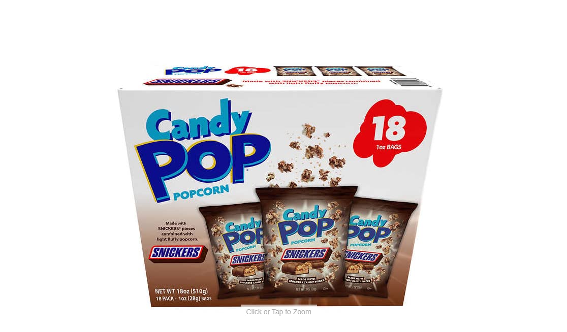 Candy PopPopcorn, Snickers, 1 oz, 18 ct