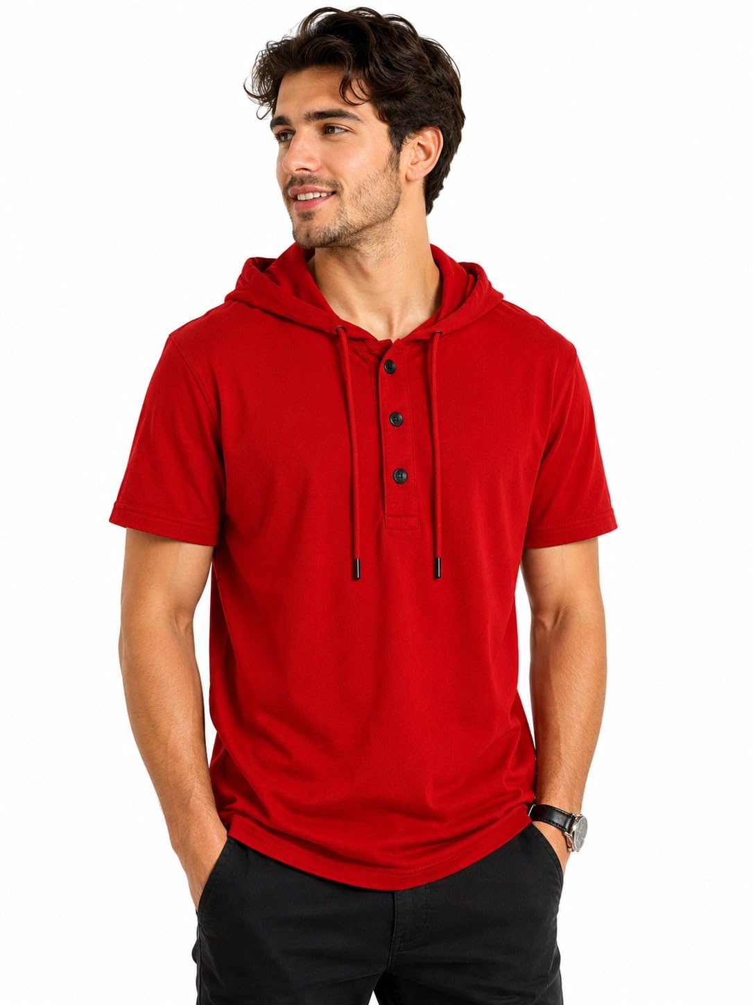 Men's Casual Red Hooded T-Shirt, Short Sleeve Henley Hoodie with Drawstring, Stylish Summer Streetwear Pullover Top-image-19