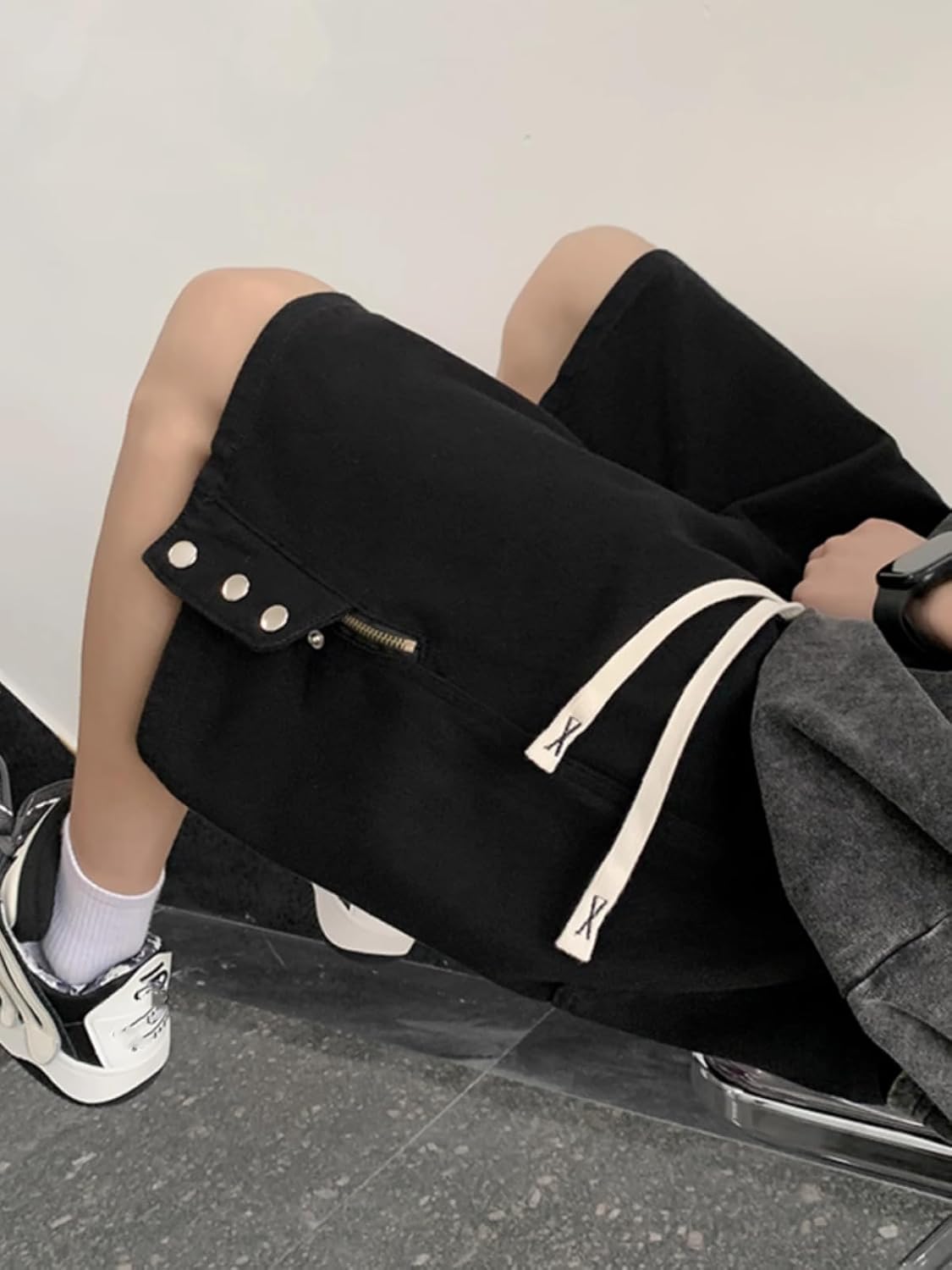 Men's Shorts Zipper Summer American Style High Street Loose Fit Shorts for Men-White-X-Large