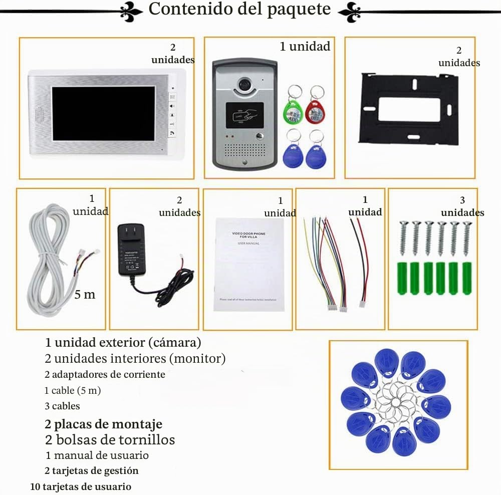Sistema de Control de Acceso Kit de Videoportero de 7", Cámara de 700 TVL con Visión Nocturna, Sistema de 4 Cables para 2 Familias, con 10 llaveros RFID
