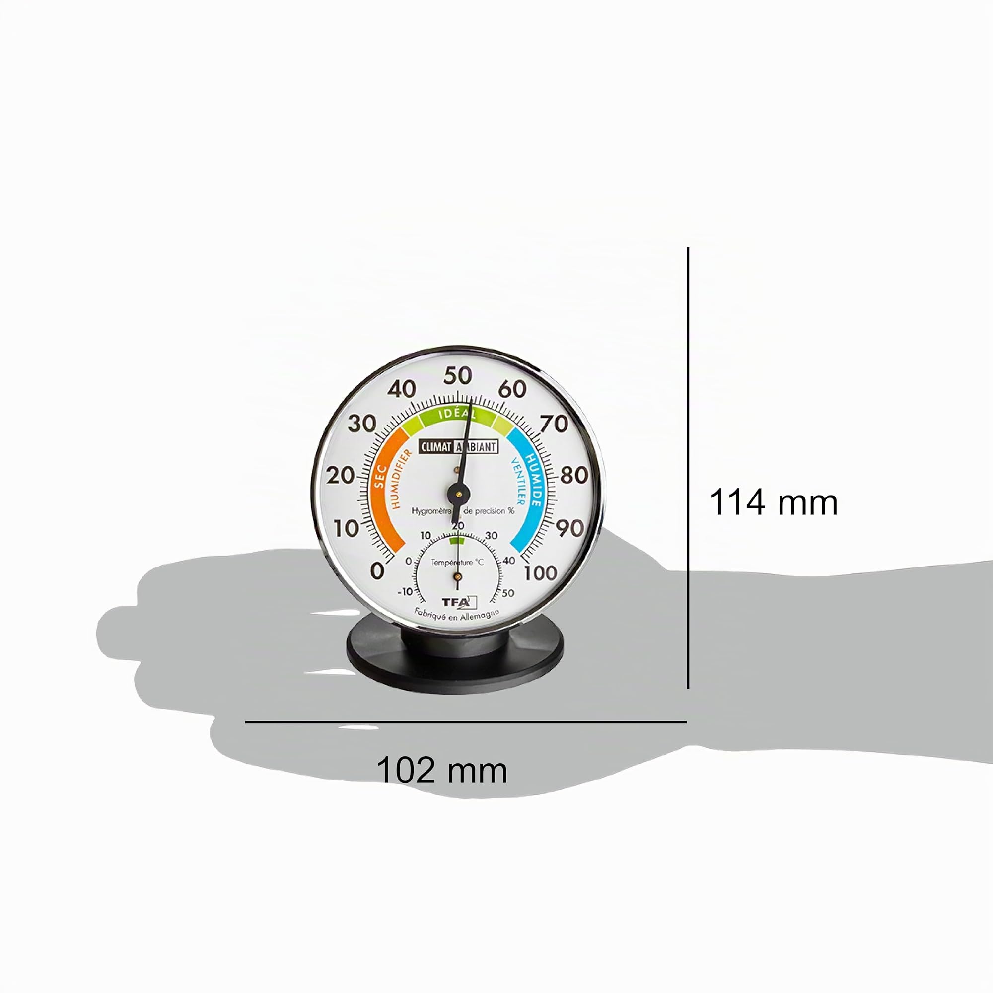 TFA Dostmann Thermomètre-hygromètre de précision en français, 45.2033.FR, pour le contrôle du climat intérieur, analogique, contrôle de la température/humidité de l'air, argente/noir