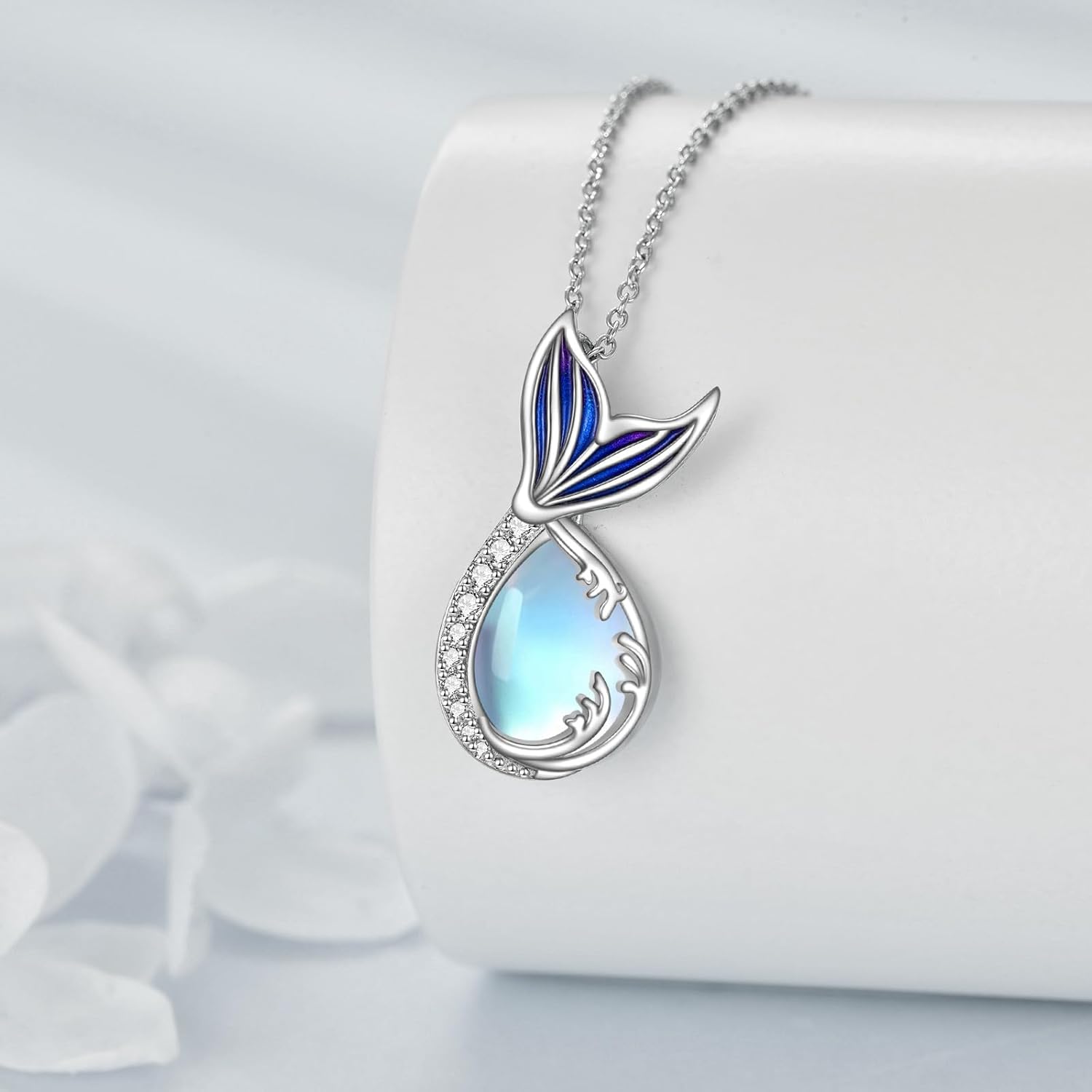 Teardrop Moss Agate/Turquoise/Moonstone/Larimar Mermaid/Fox/Cat Necklace Sterling Silver Pendant Necklace Jewelry Gifts for Women - Image 2