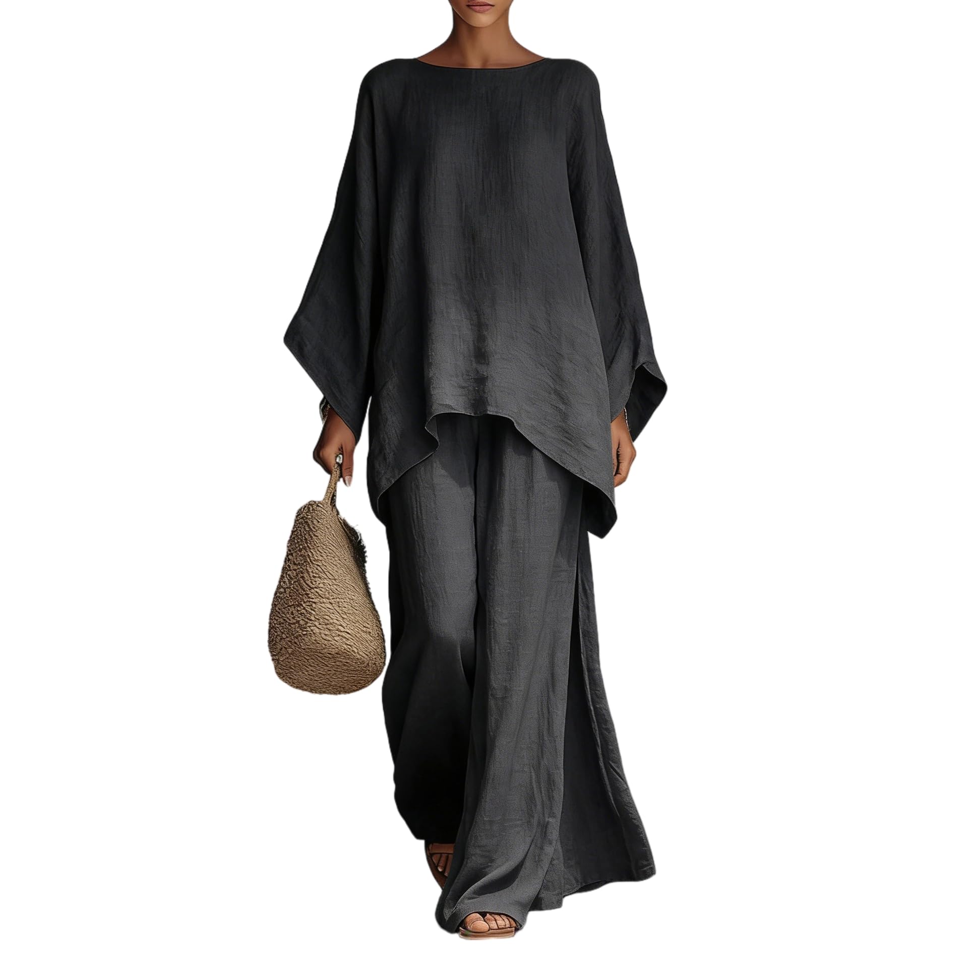 Generico Completo da Casa da Donna Composto da T-Shirt Oversize A Maniche Lunghe E Pantaloni A Gamba Larga. Elegante Abbigliamento Casual E Leggero, Perfetto per Viaggi E Vacanze.