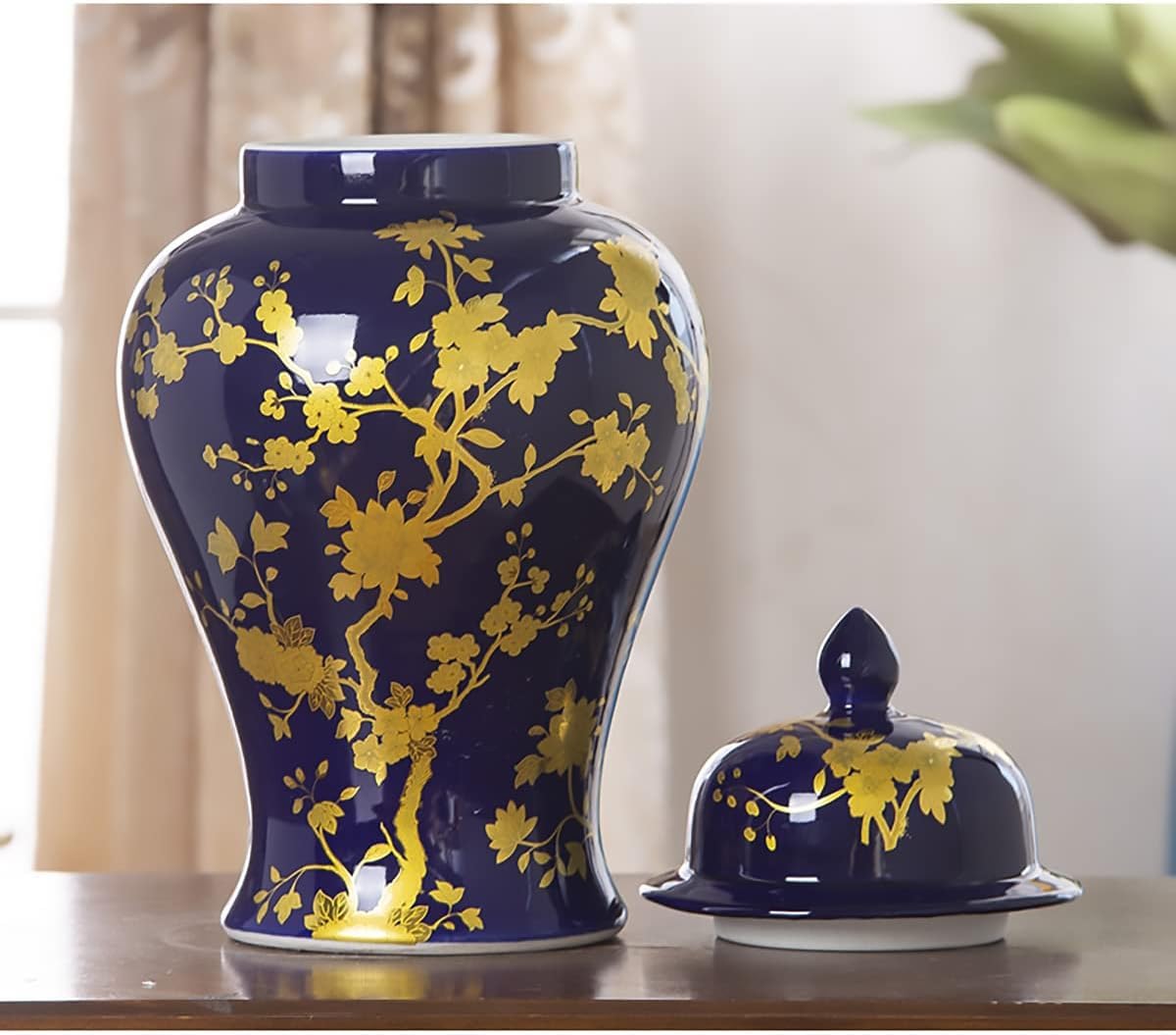 Wazon ceramiczny z malowanymi kwiatami i imbirowymi słoikami z pokrywkami do dekoracji, dekoracyjny wazon, tradycyjny słoik świątynny do biura, na stół, do salonu, na środek stołu (Szary Wilk, 45