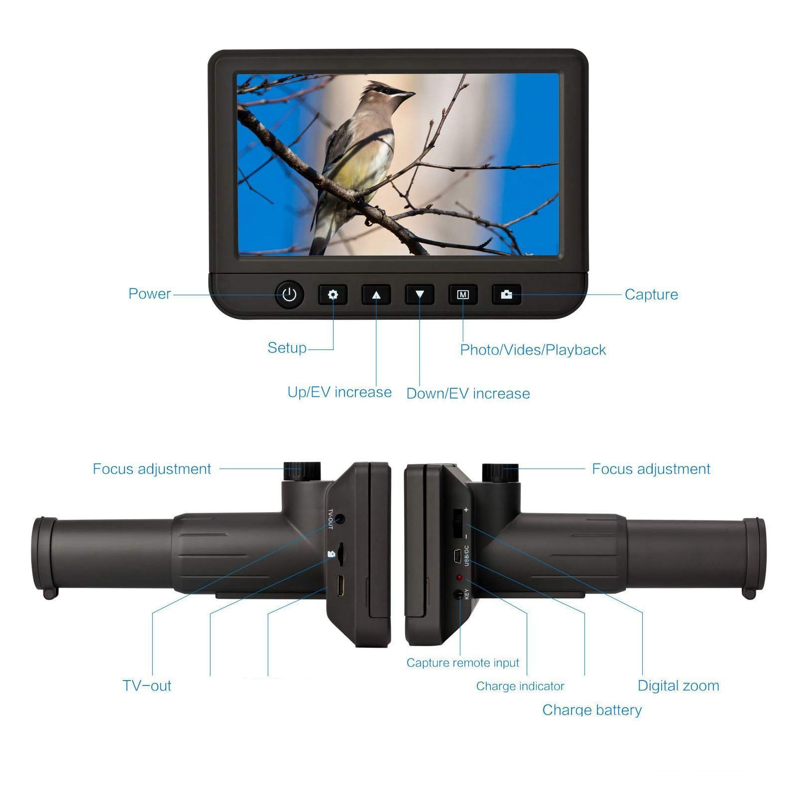 Cámara telescópica digital con aumento de 50x, imágenes y videos HD, pantalla LCD de 5,0 pulgadas, múltiples métodos de visualización para la caza y la observación de aves