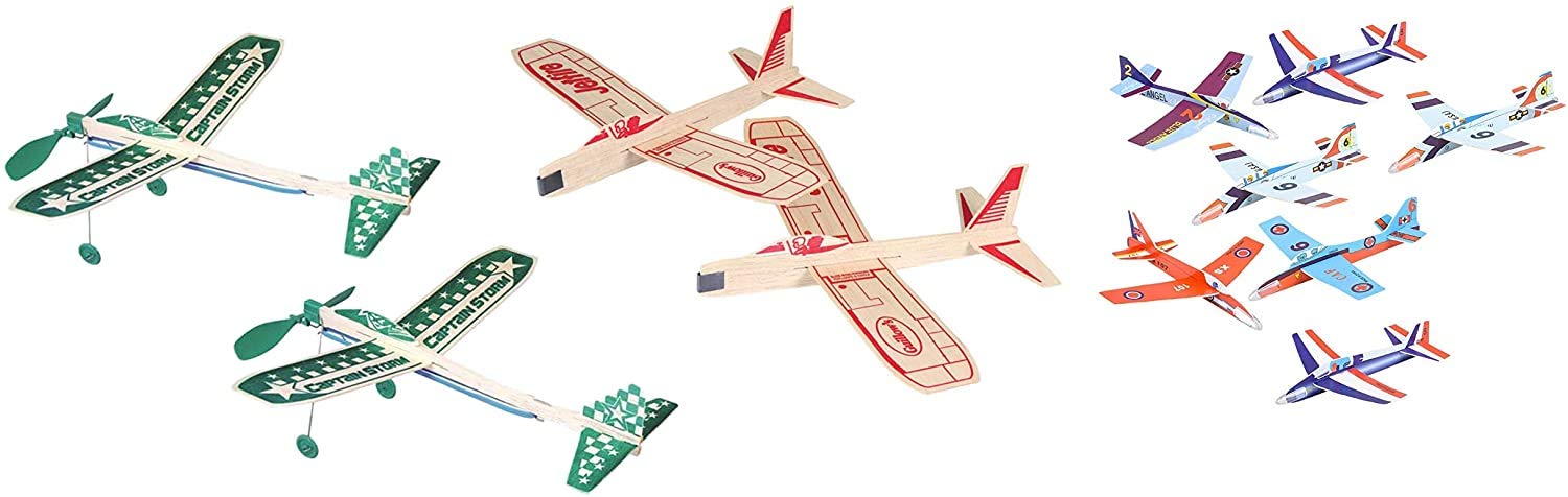 Balsa Wood And Foam Airplane Toy Set - 4 Balsa Wood Airplane Kits And 6 Foam Gliders | 2 Guillows Jetfire Planes, 2 Captain Storm Propellor Planes, And 6 Styrofoam Fighter Airplane Gliders For Kids