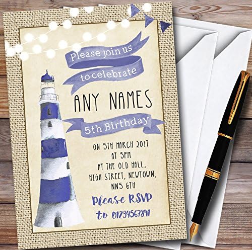 Burlap Nautical Lighthouse Boys Personalized Childrens Party Invitations