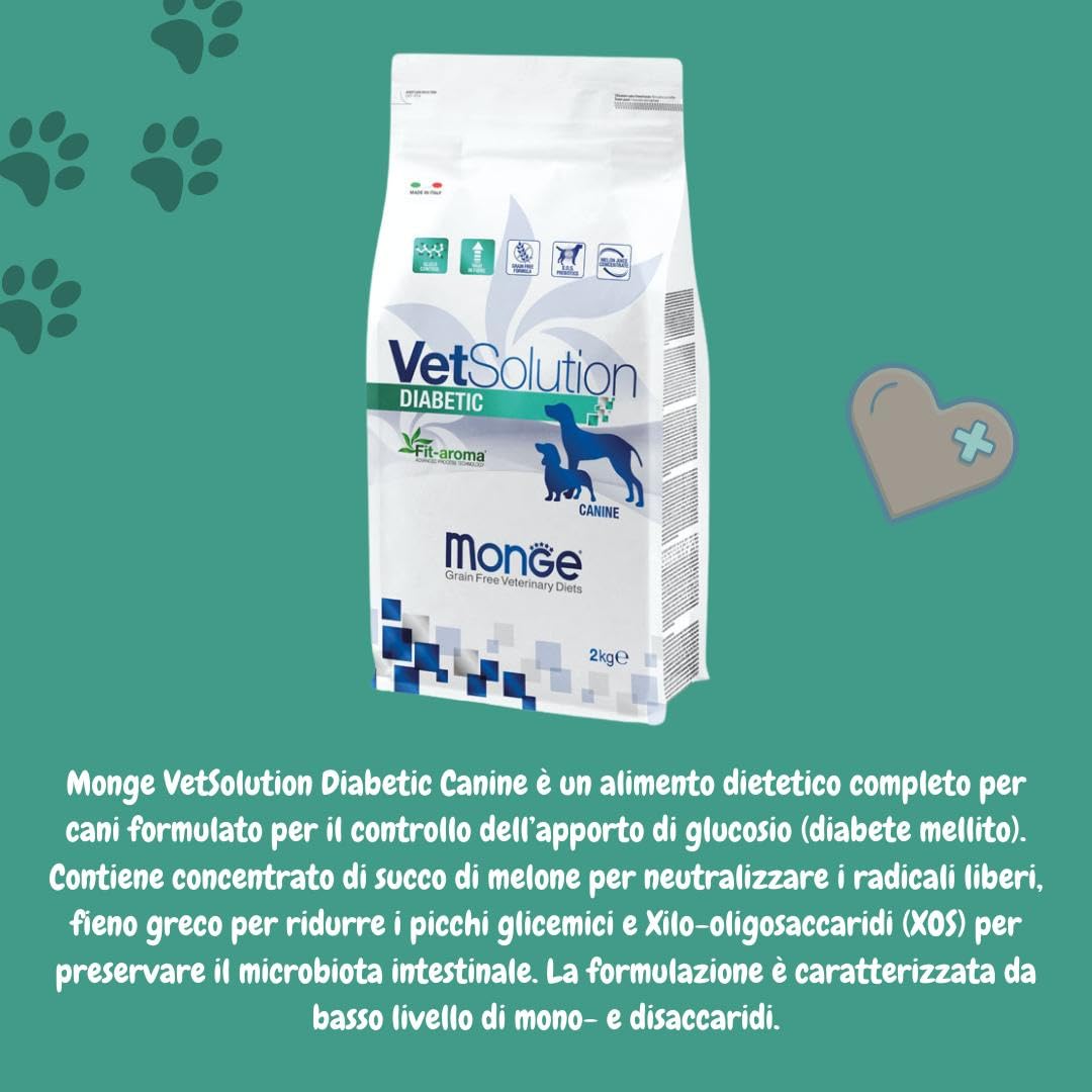 Monge Vetsolution Diabetic Cane All Breeds 2kg, alimento completo per cani di tutte le taglie con diabete,2kg.