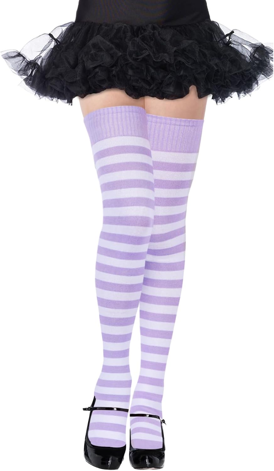 Moon Wood Womens Thigh High Socks Striped Knee High Socks Extra Long Cotton Knit Over the Knee Socks for Halloween One Size Light Purple & White